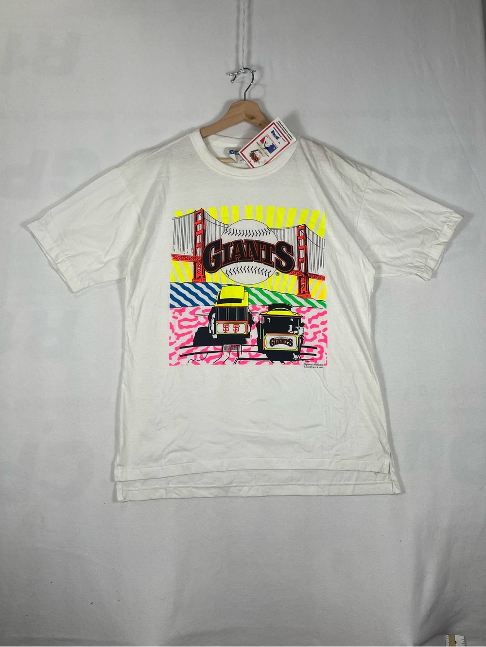 Vtg 1990 Softwear San Francisco Giants MLB T shirt Neon Yellow Pink Bridge Sz L